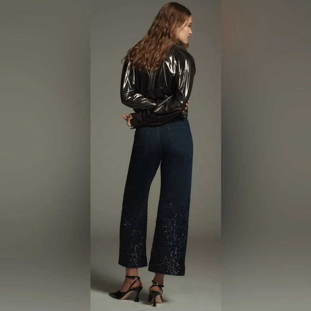 Colette Cropped High-Rise Wide-Leg Jeans by Maeve Sequin Edition size 25 P - Picture 3 of 9